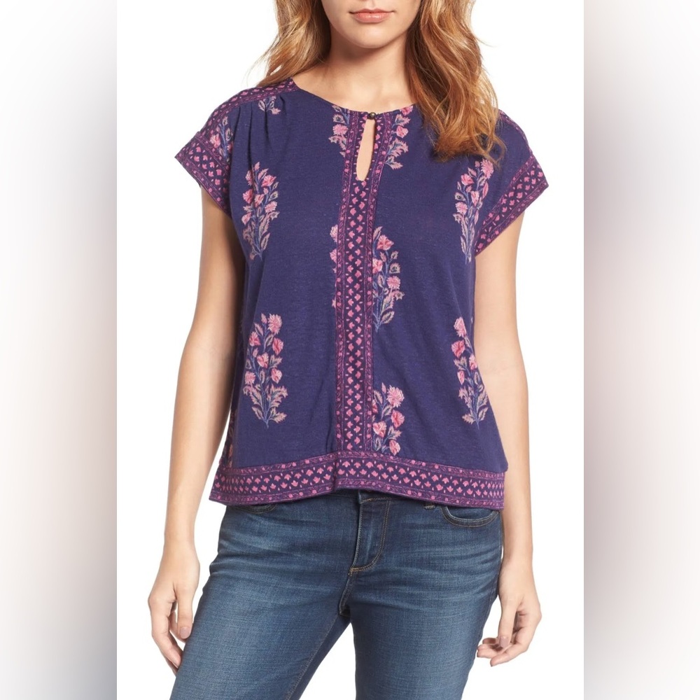 Lucky Brand Purple Floral Keyhole Top with Pink Accents